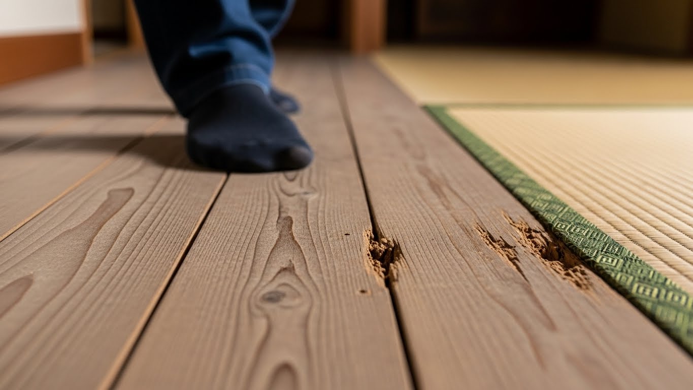床がきしむ