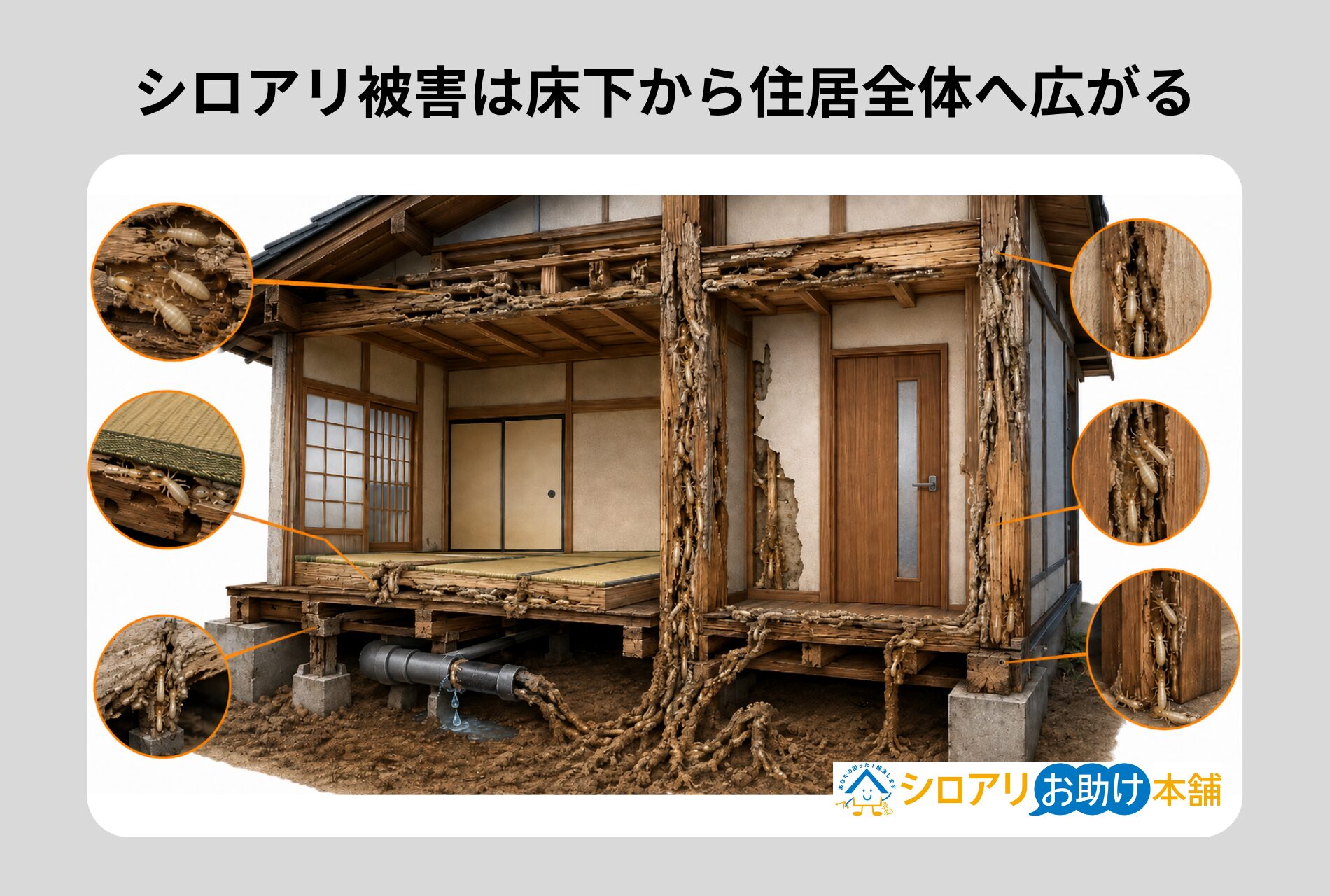 シロアリ被害は床下から住居全体へ広がる