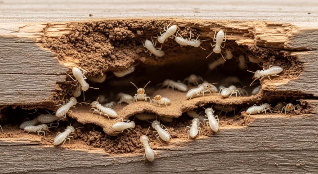 木材内部を侵食するシロアリ