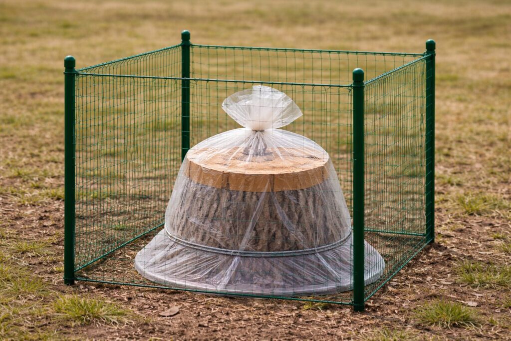 除草剤を注入した切り株を柵で囲う