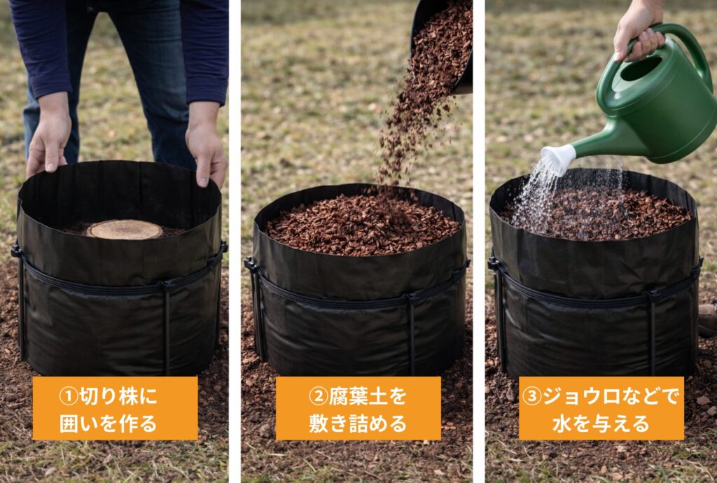 切り株を腐葉土で腐らせる手順