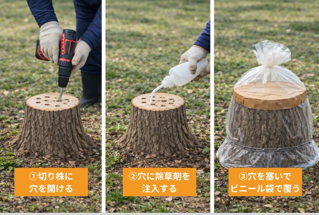 切り株に除草剤を注入して枯らす手順
