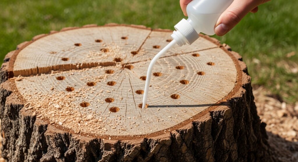 切り株の穴に除草剤を注入する