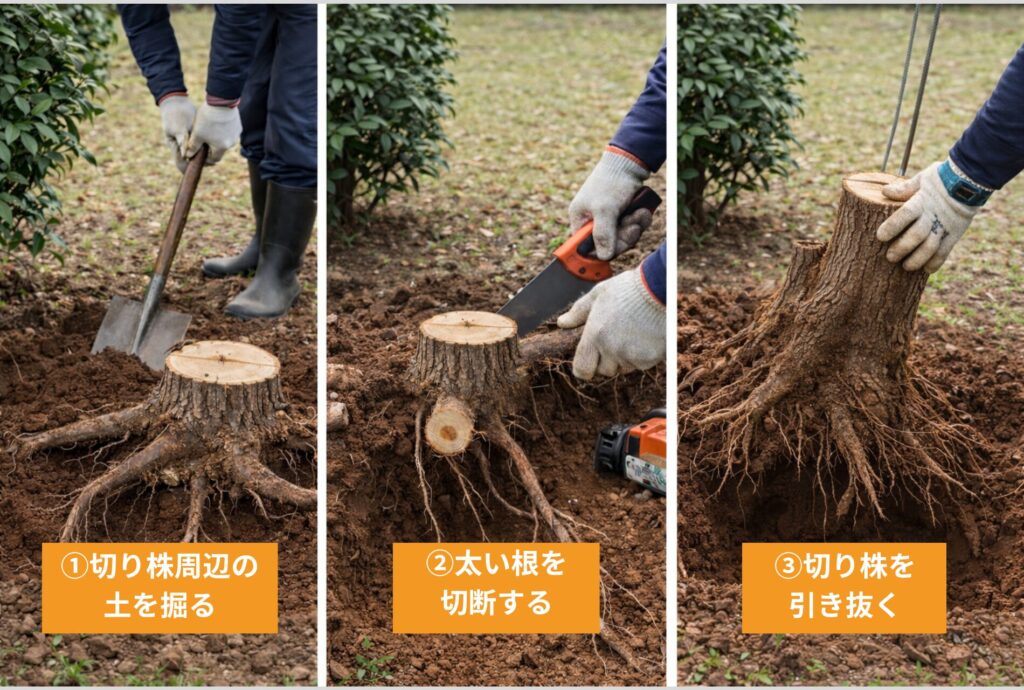 切り株を引き抜く手順