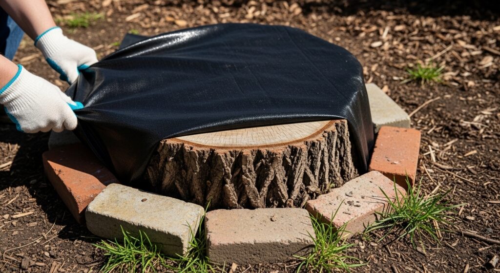 切り株を除光シートで覆い枯らす