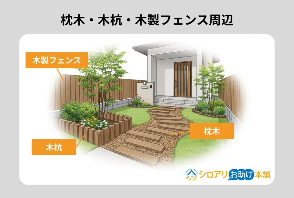 枕木・木杭・木製フェンス周辺