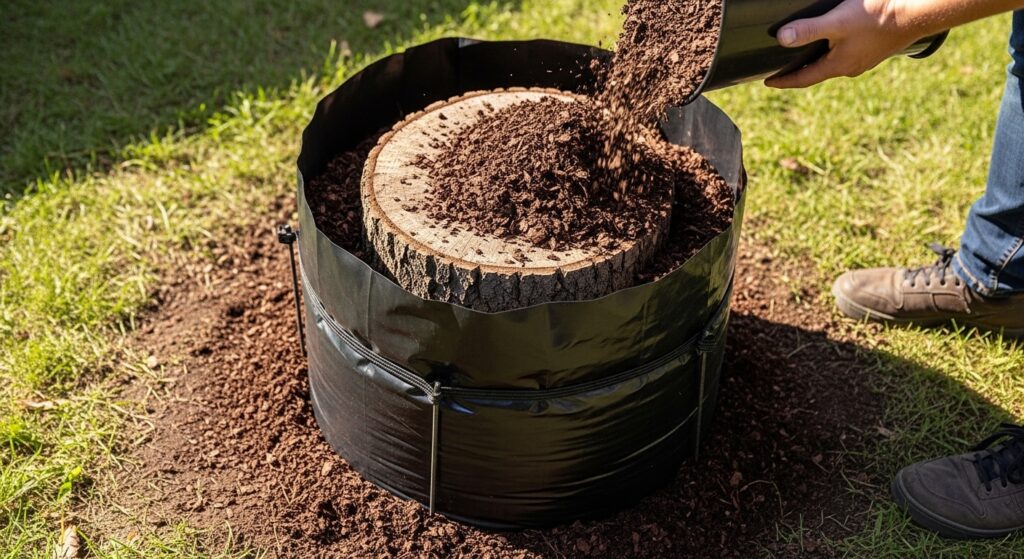 切り株を腐葉土で覆う