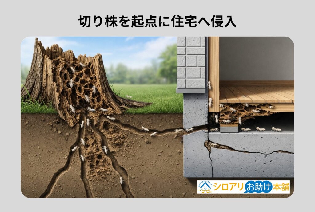 切り株を機転に住宅へ侵入するシロアリ