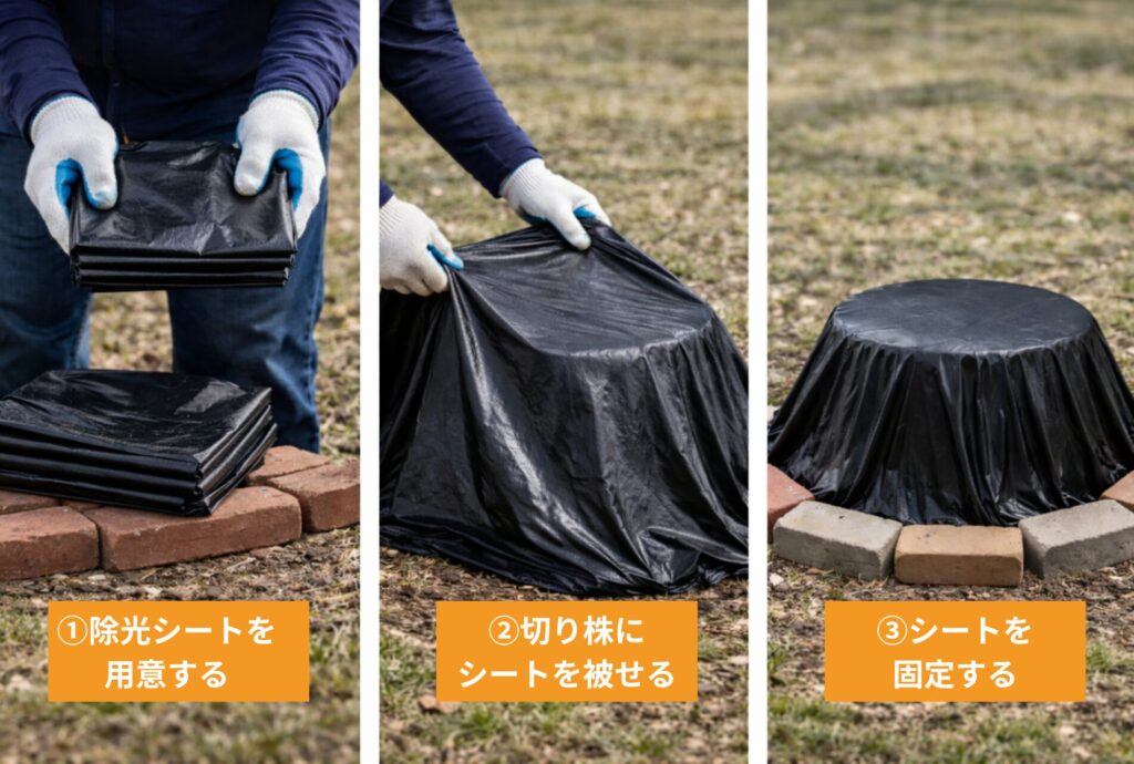 切り株を除光シートで覆い枯らす手順