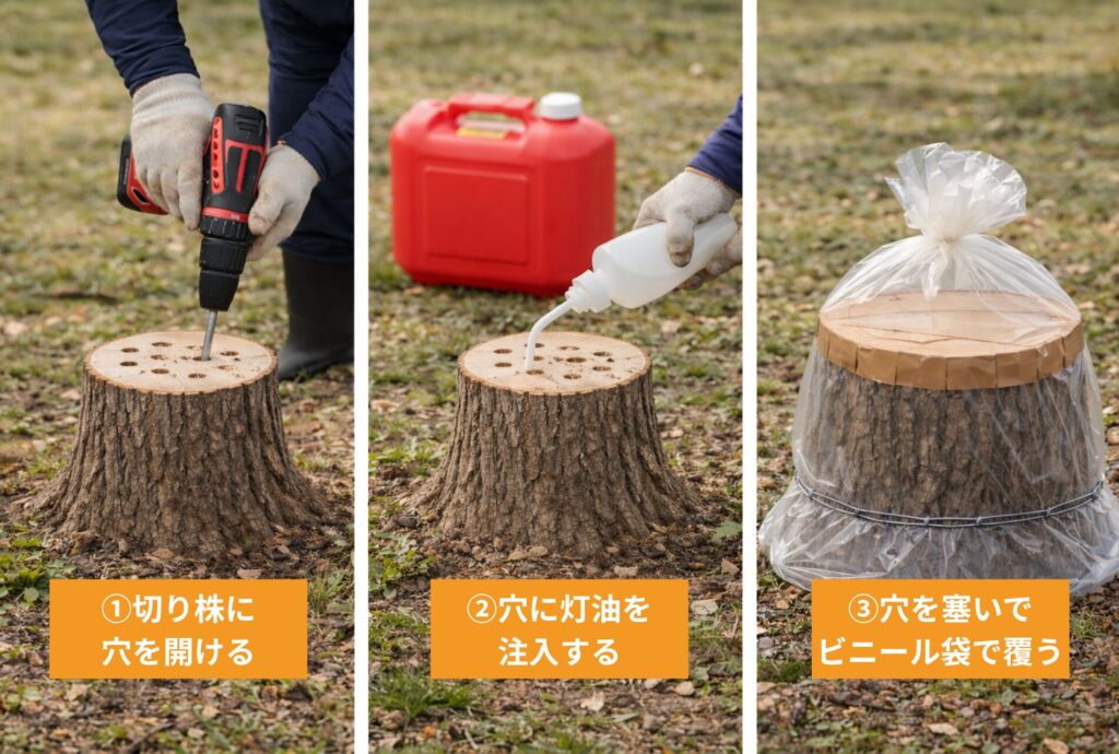 切り株に灯油を注入して枯らす手順