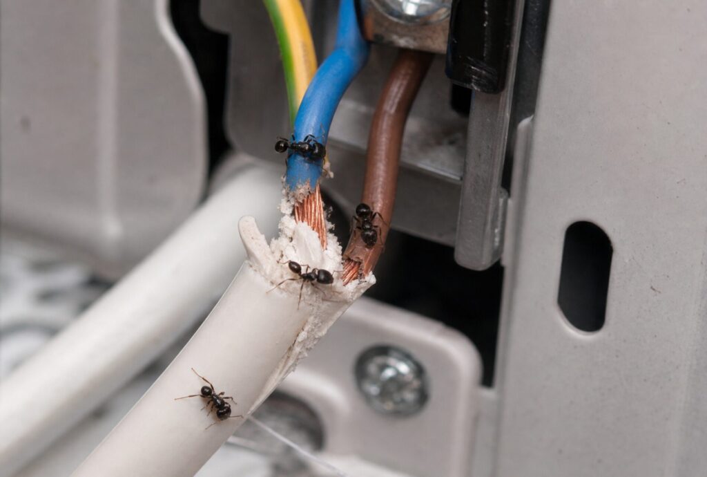 電化製品のコードを齧るクロアリ