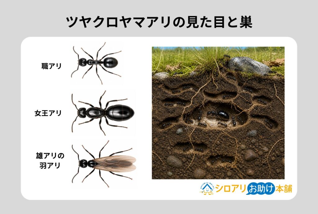 ツヤクロヤマアリの見た目と巣