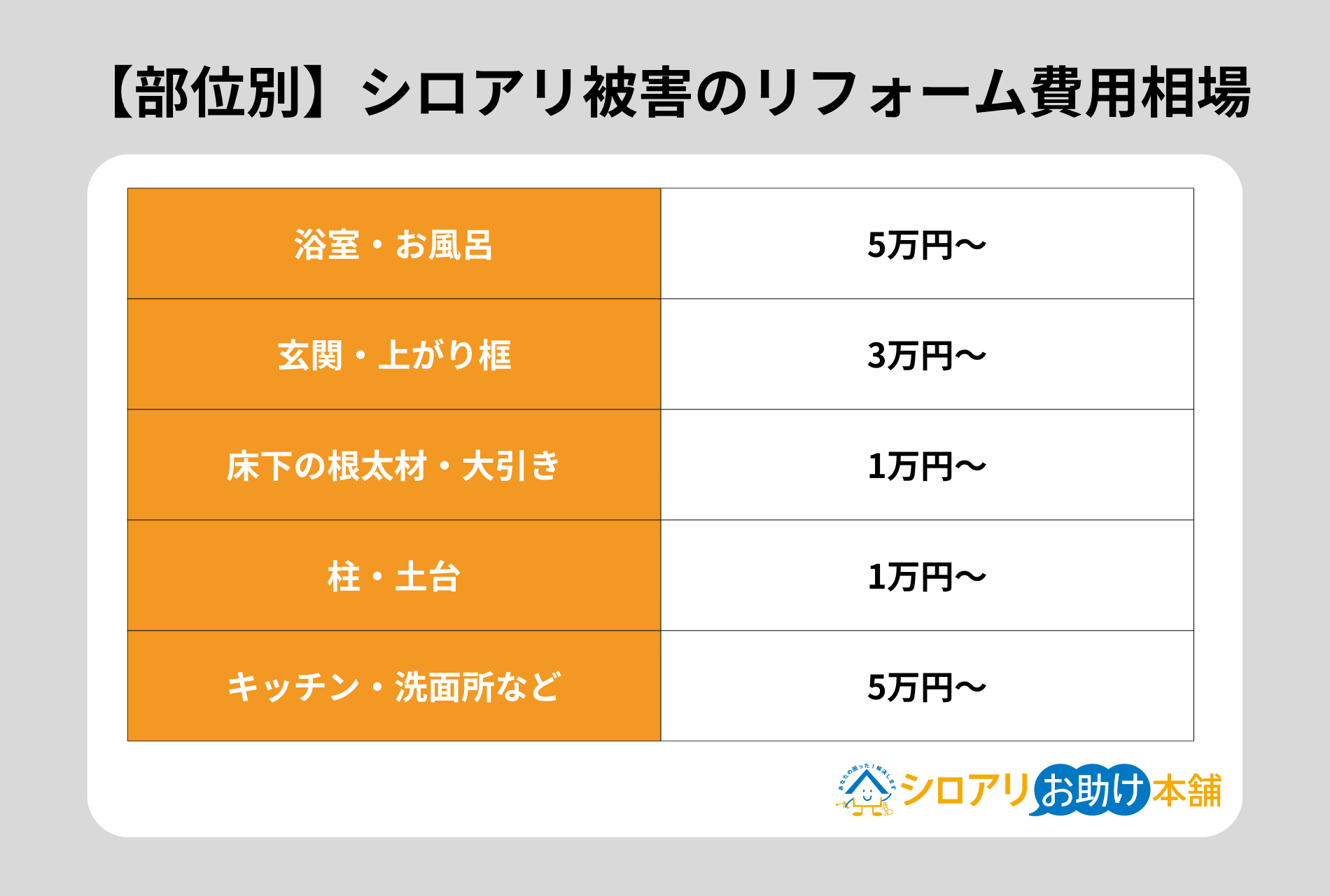 シロアリ被害のリフォーム費用相場