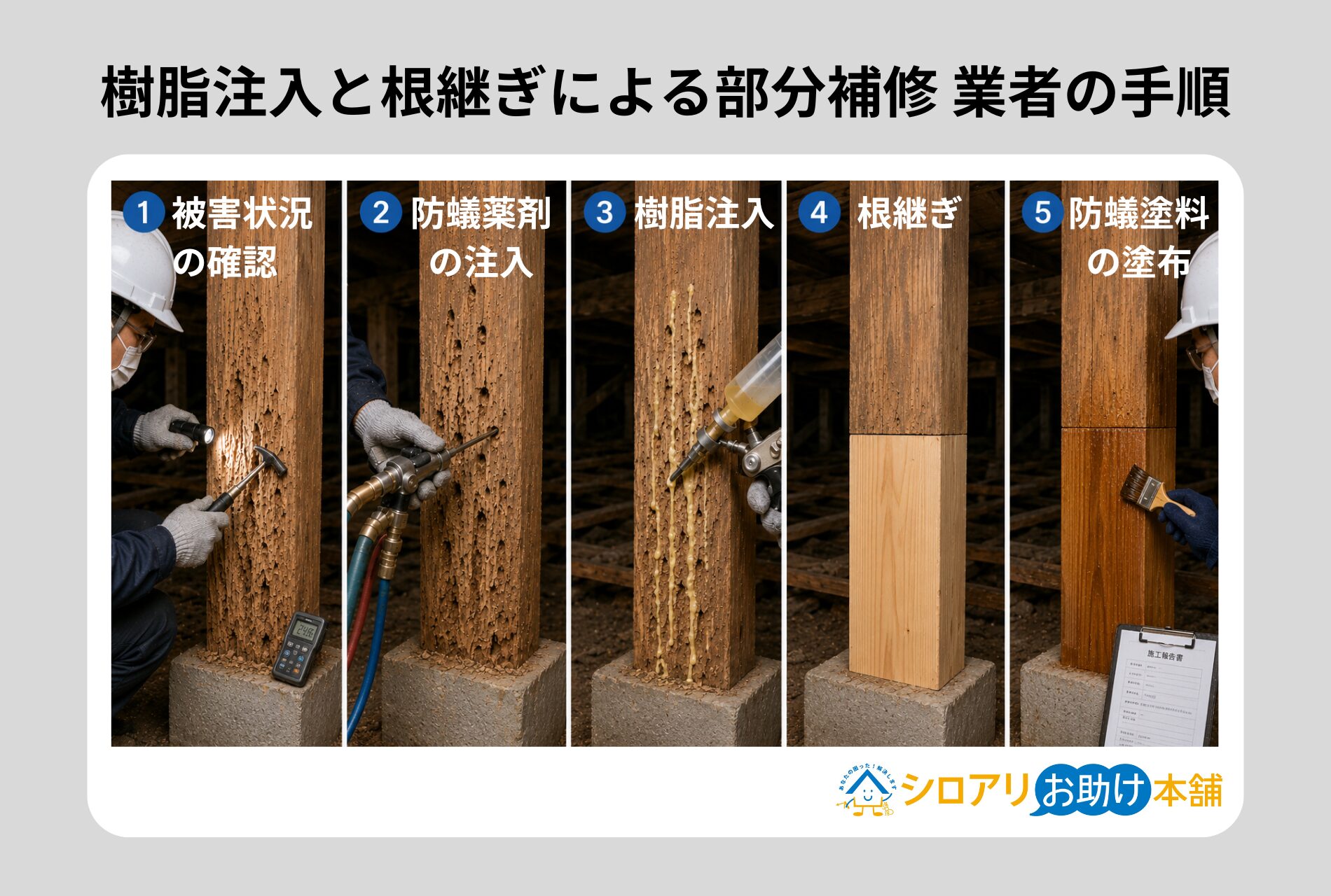 樹脂注入と根継ぎによる部分補修 業者の手順