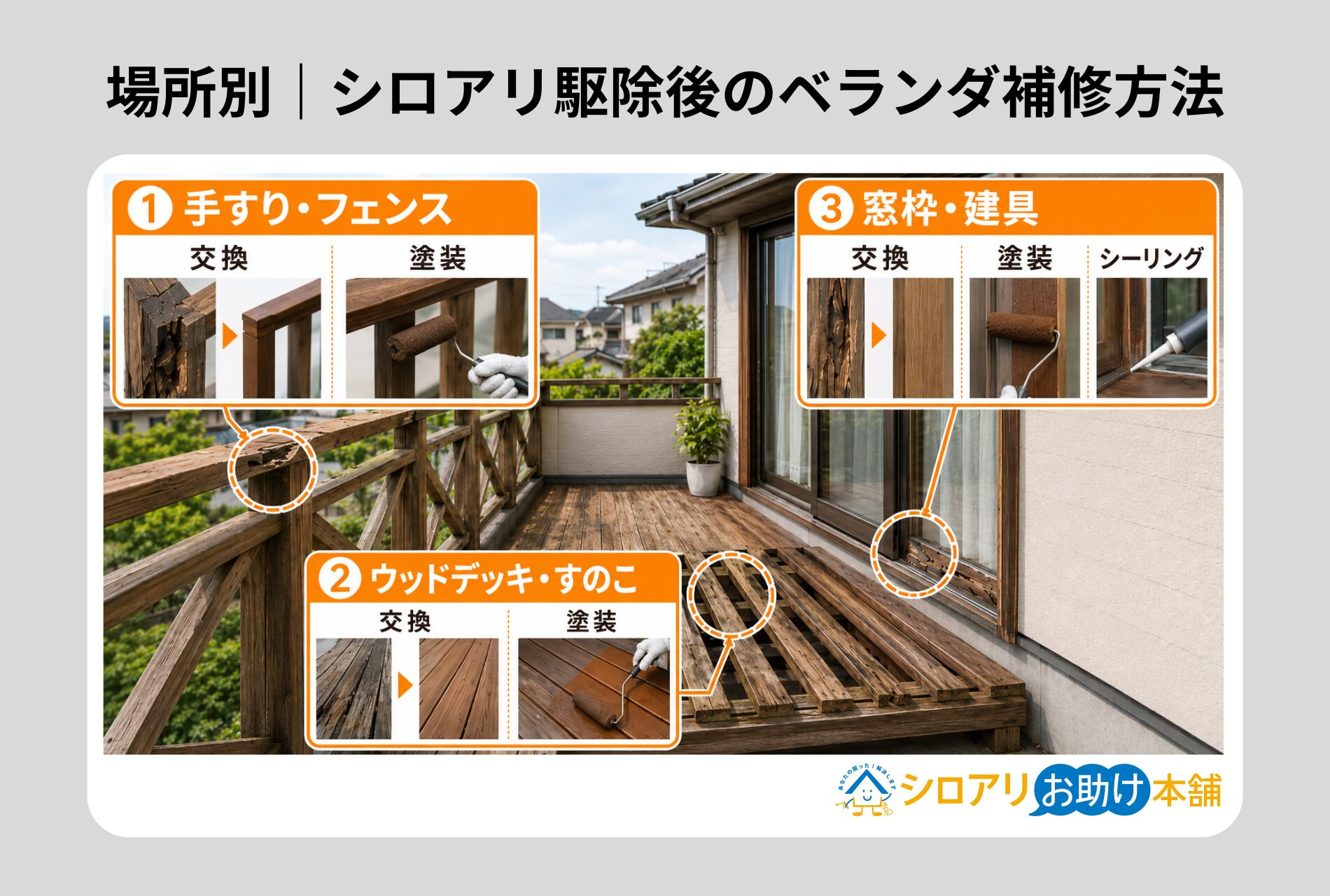 場所別｜シロアリ駆除後のベランダ補修方法