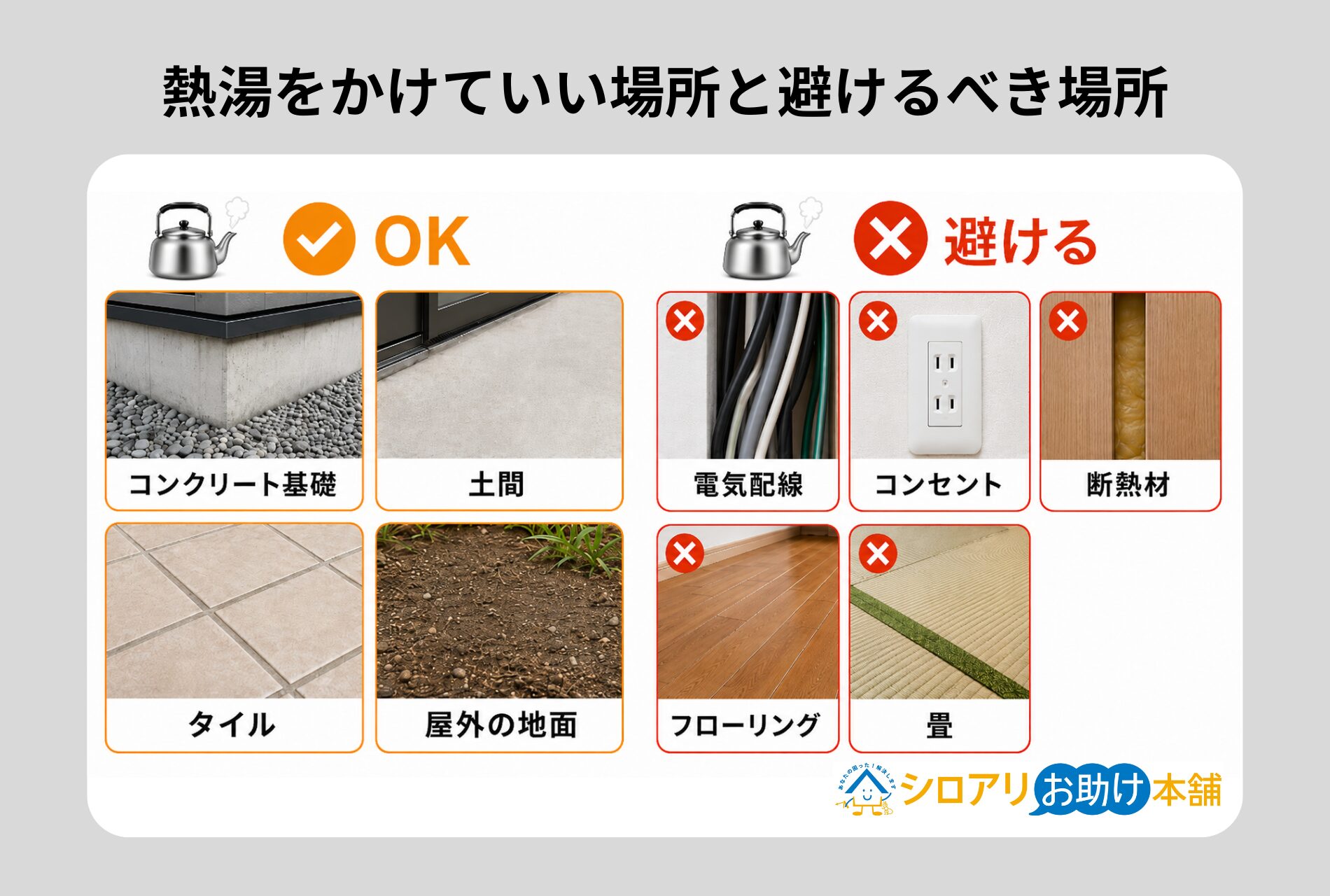 熱湯をかけていい場所と避けるべき場所